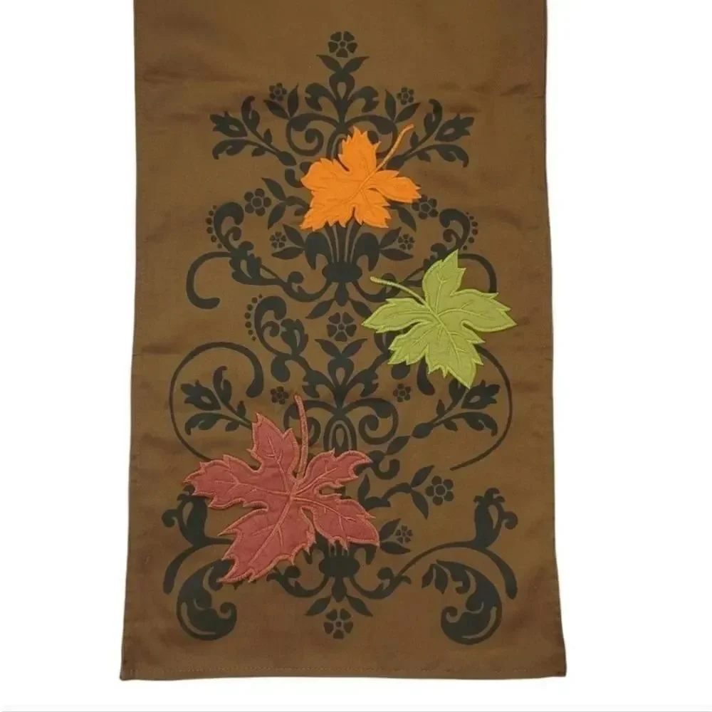 Vintage Pier 1 Imports Fall Autumn Embroidered Leaves Brown Table Runner 71x13.5